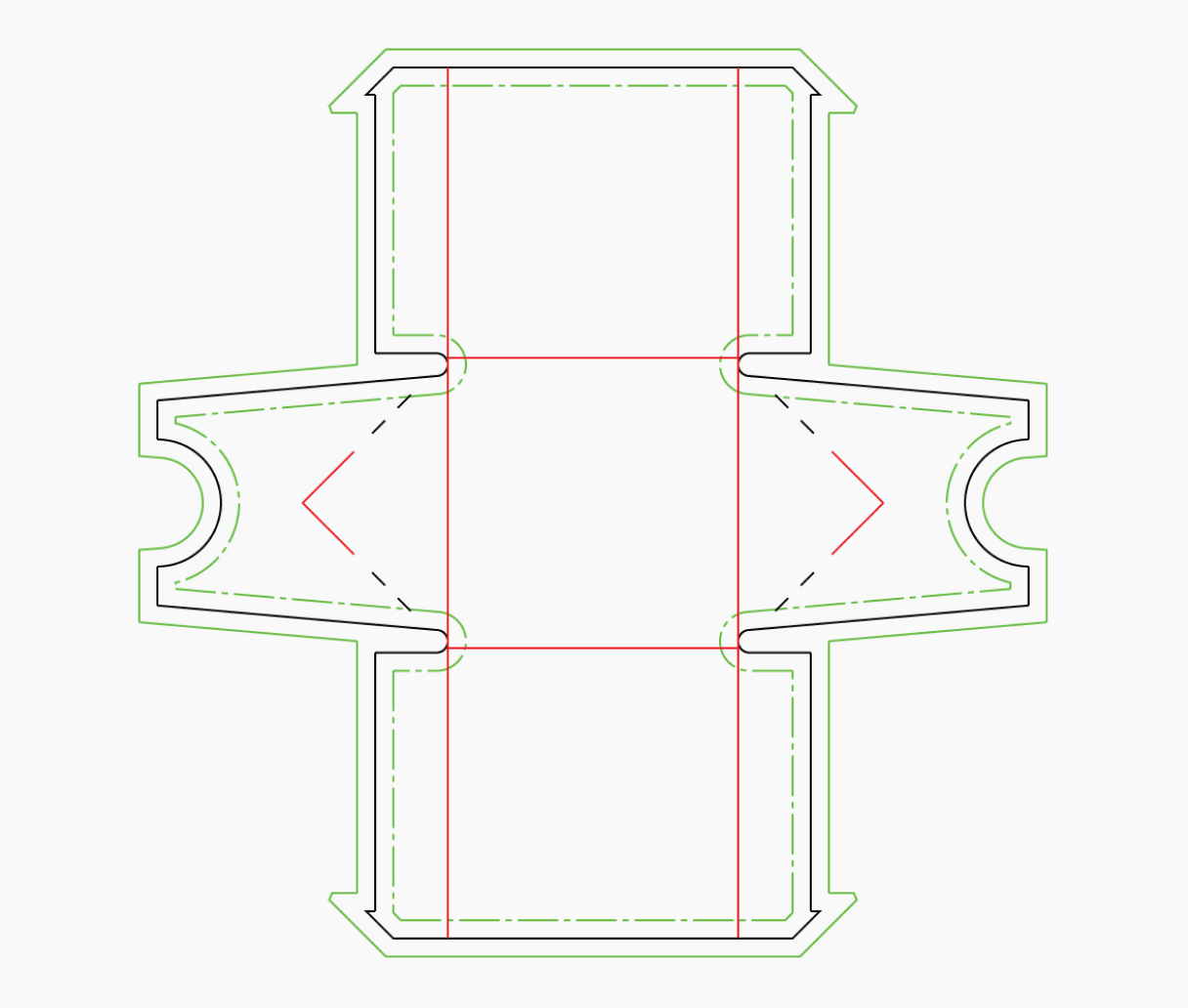 Image of a custom dieline template to showcase the different lines on a dieline